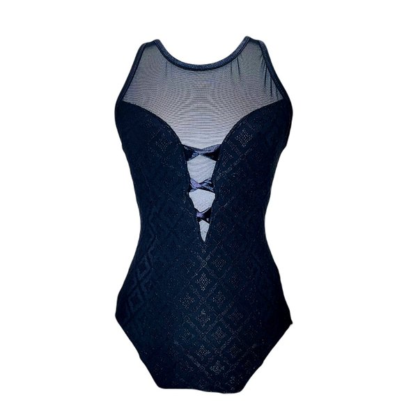 Jantzen Images Womens Vintage Mesh High Neck Plunge 1 Piece Bathing Swim Suit 12 - Picture 2 of 9